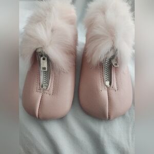 Vtg. 1954 Pink Leather Baby Infant Shoes Rabbit Fur W/ Box  sz 2 RARE!